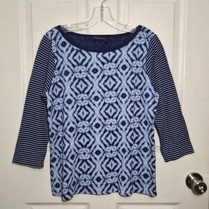 Fresh Produce Women's L Top 3/4 Sleeve Blue Diamond Stripe Casual Shirt